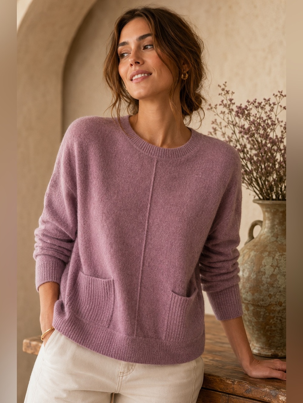 Tahari 100% Cashmere Pocket Sweater Mauve Pink Relaxed Crewneck Small